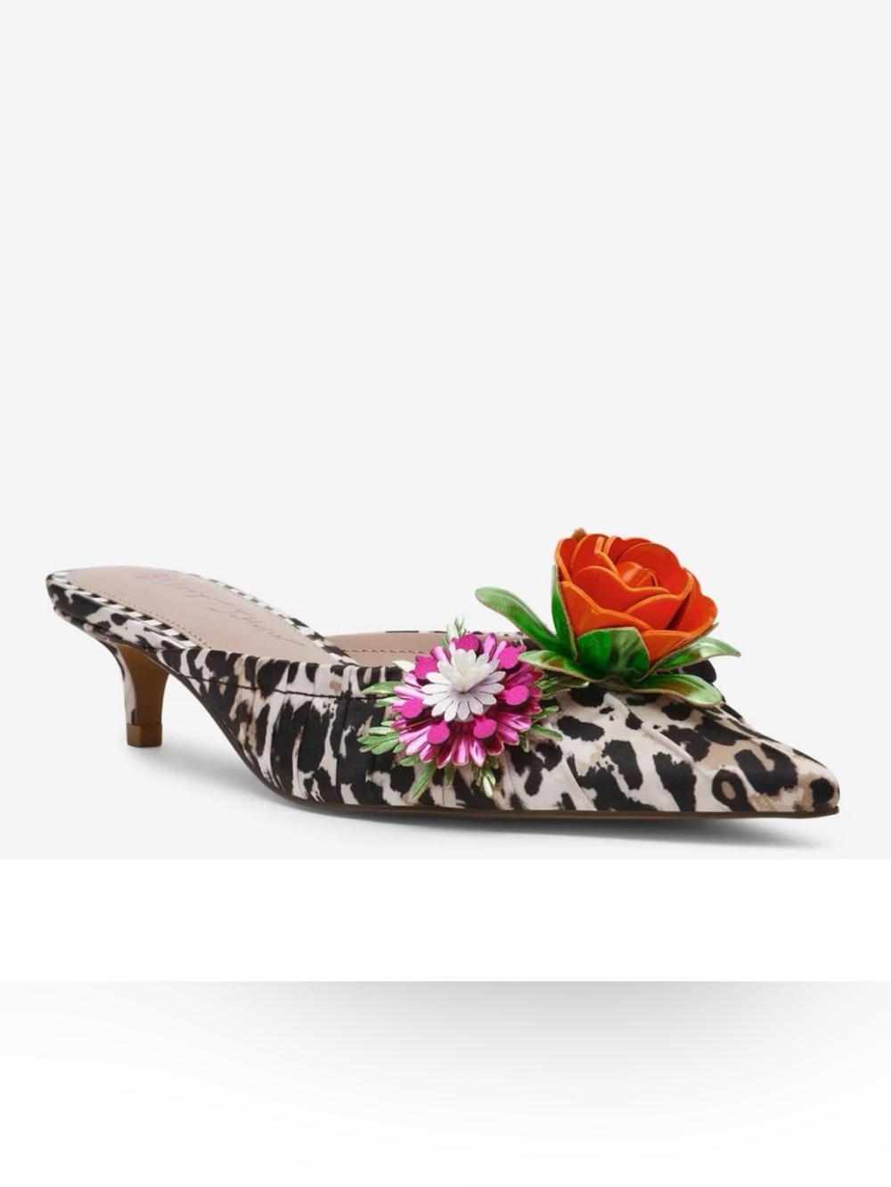 Betsey Johnson Black & White Animal Print Pointed Toe Floral Mules tag on shoe - Picture 7 of 12